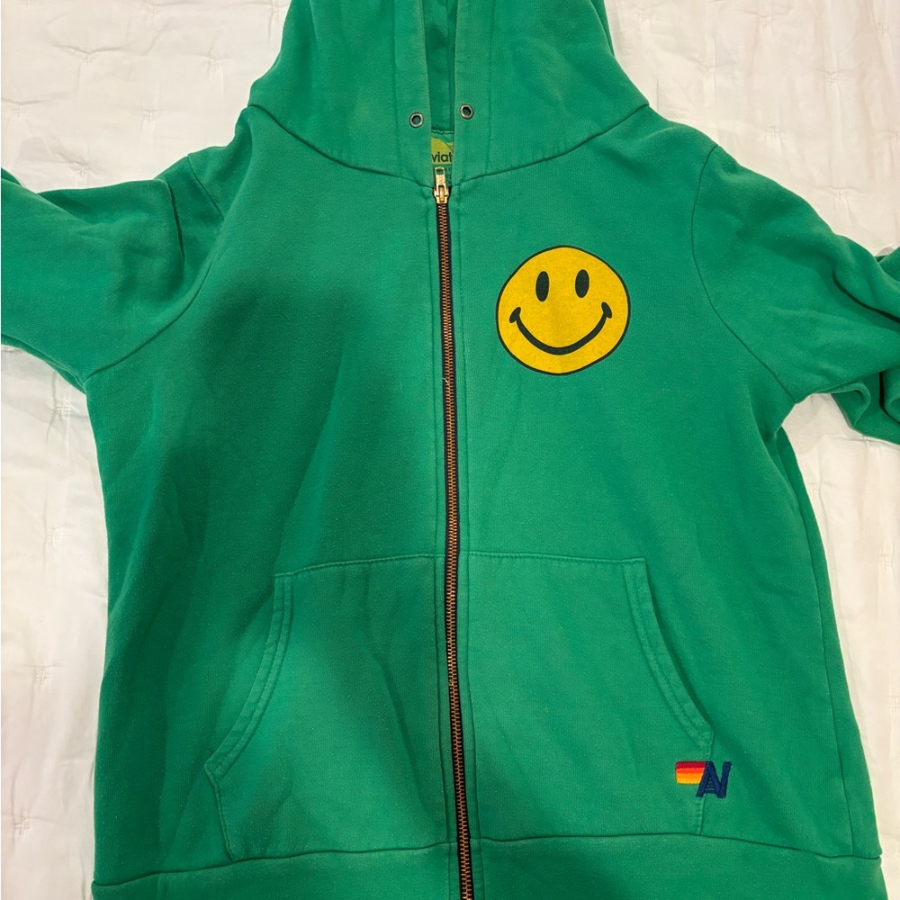 Aviator Nation Green Zip Hoodie with Yellow Smiley Patch